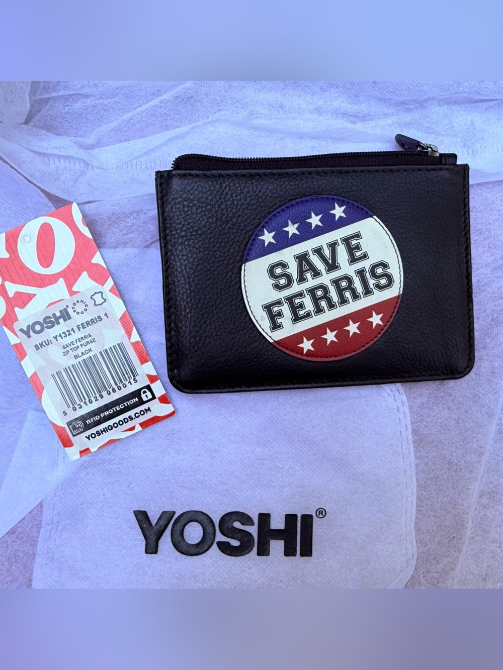 Yoshi Lichfield Black 'Save Ferris' Leather Coin Purse